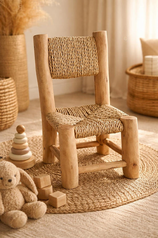 PIKO- Chaise enfant artisanale en bois naturel et fibres tressées