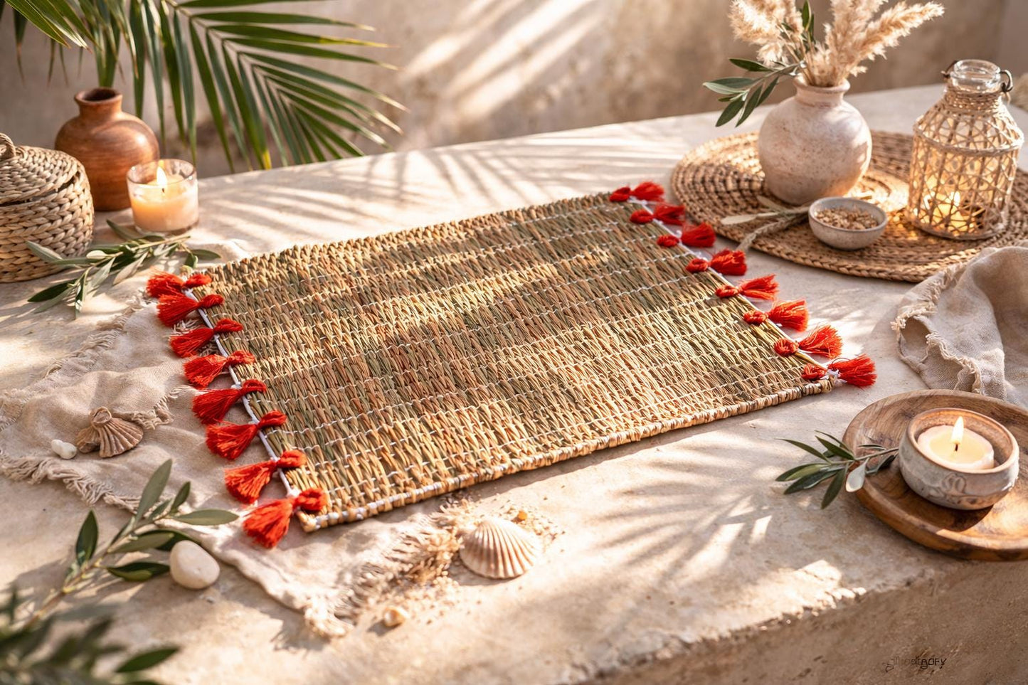 Lot de 4 Sets de Table en osier avec pompons