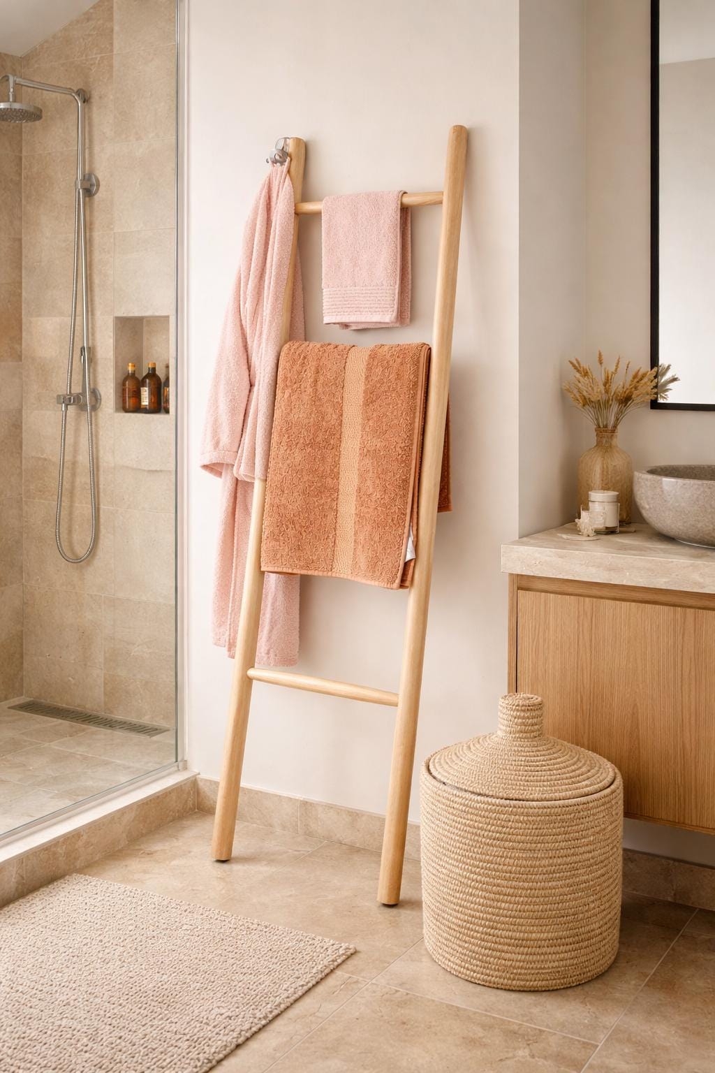 VIA- Échelle, Porte Serviette décorative en bois naturelle