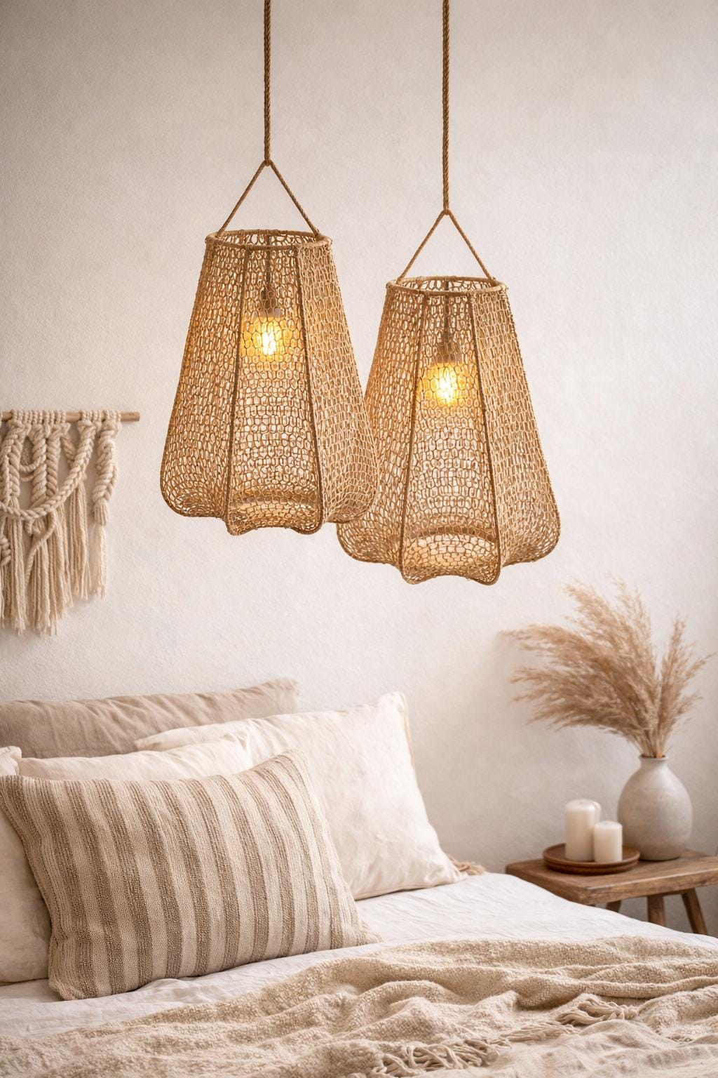 NOMAD- Suspension Lanterne en raphia crocheté extérieure ou intérieure