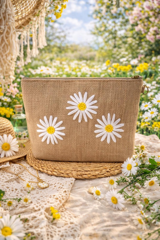 DAISY- pochette jute broderie Marguerites