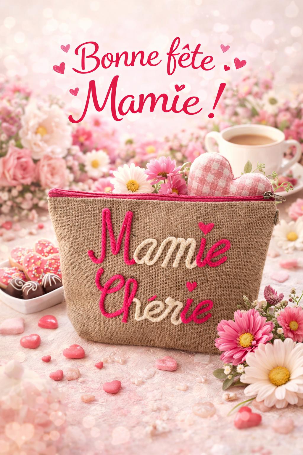 Mamie chérie – pochette Toile de jute brodée