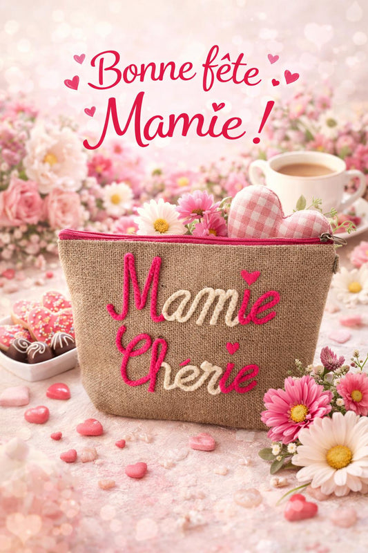 Mamie chérie – pochette Toile de jute brodée