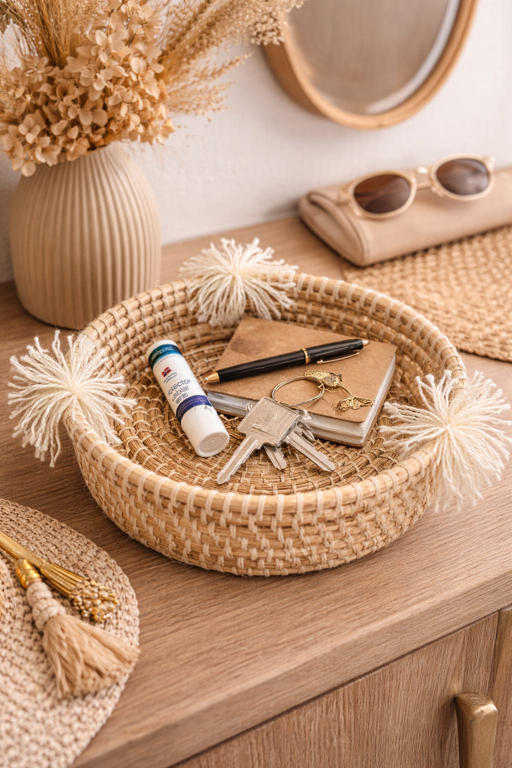 PIA- Plateau- vide poche osier naturel et pompon