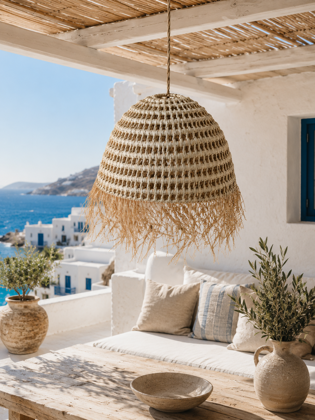 BAIA- suspension extérieure ou intérieure en raphia tressé et frangé