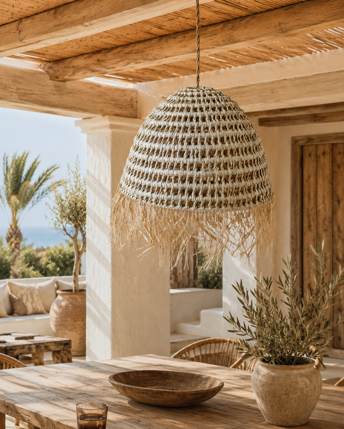 BAIA- suspension extérieure ou intérieure en raphia tressé et frangé