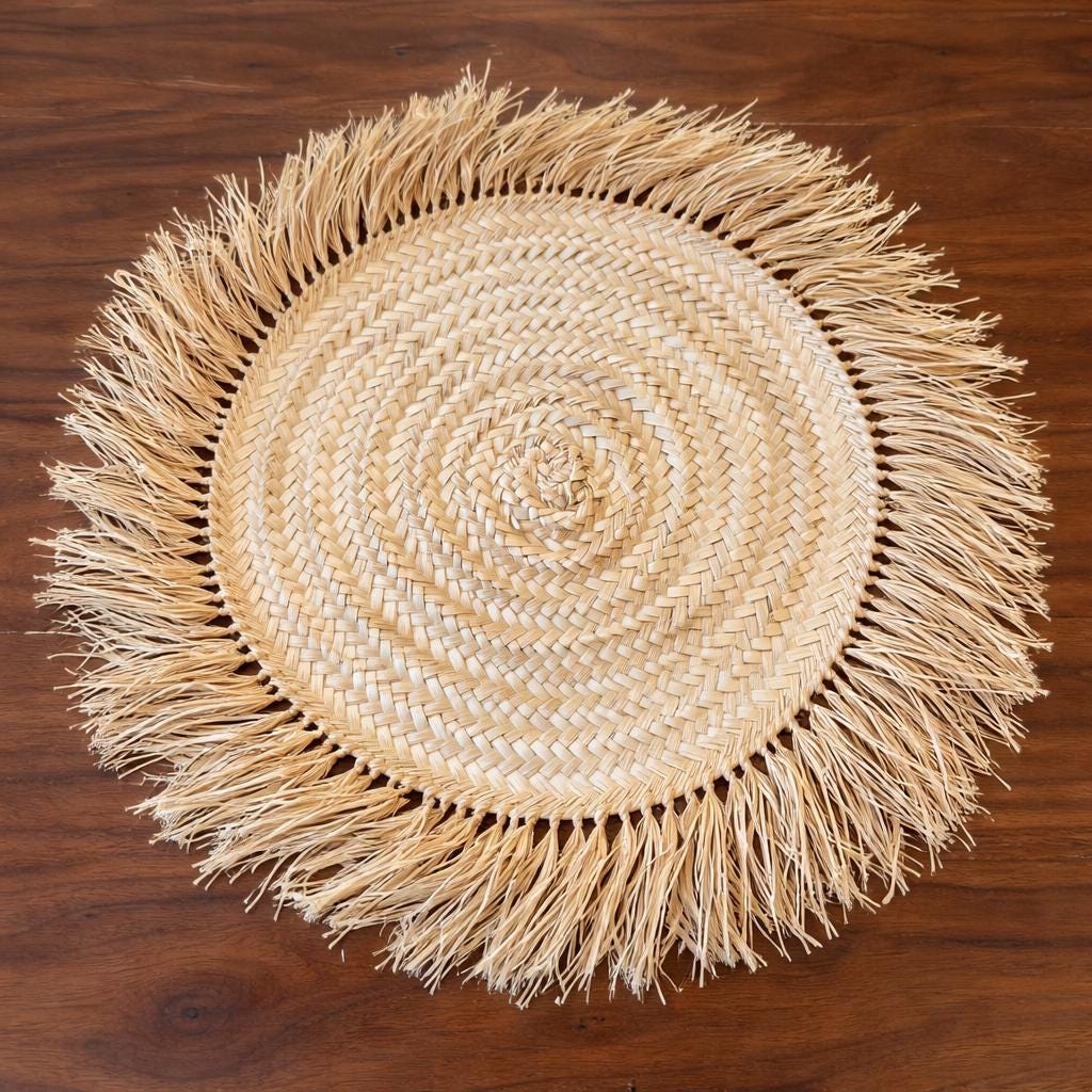 BOHO Lot de 4 Sets de Table Rond extérieur et intérieur en Paille à franges