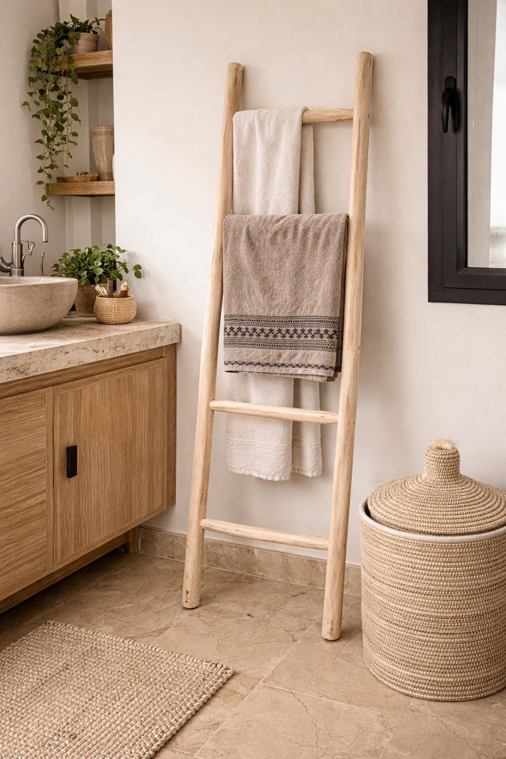 VIA- Échelle, Porte Serviette décorative en bois naturelle