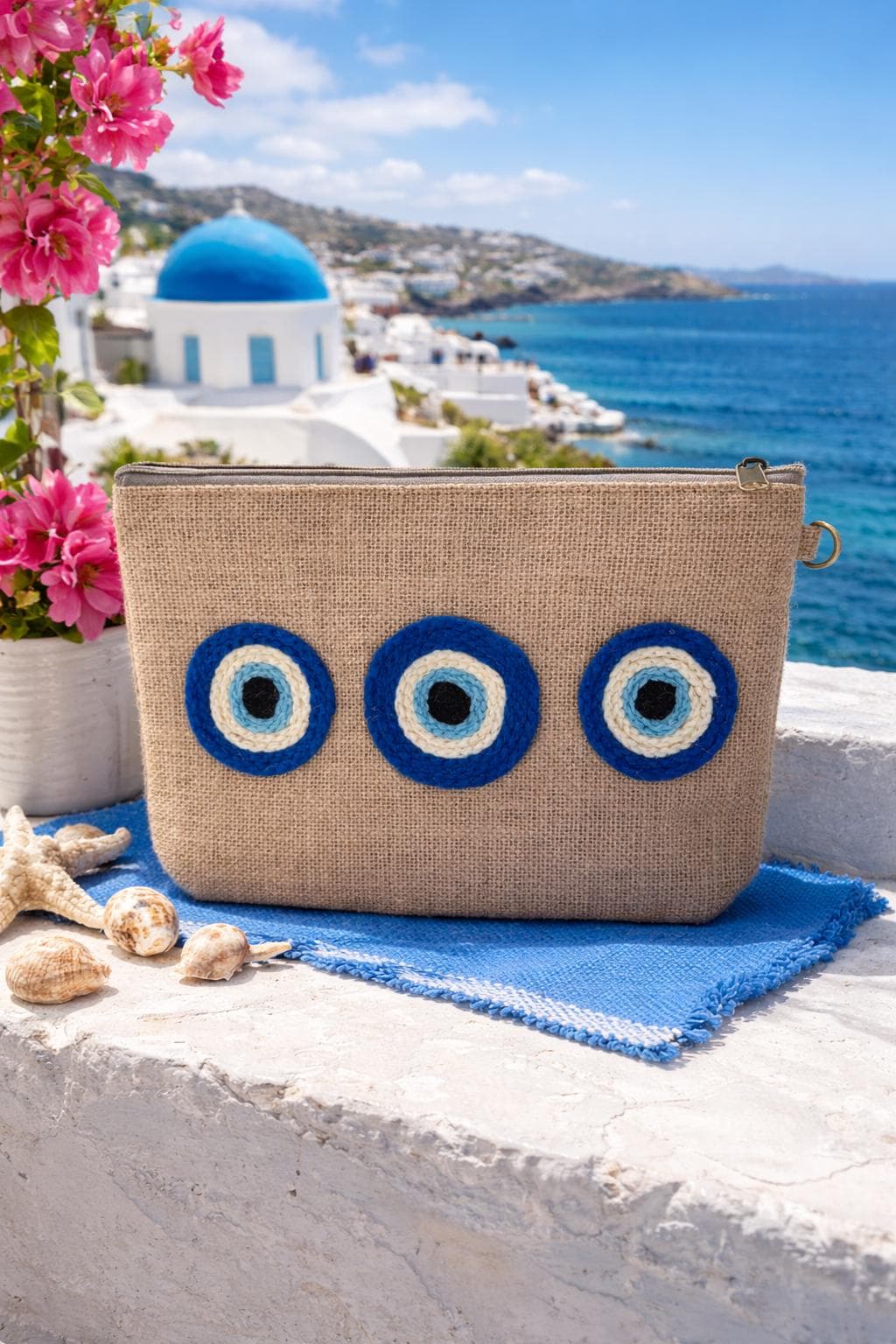 MYKONOS- Pochette jute Broderie Oeil